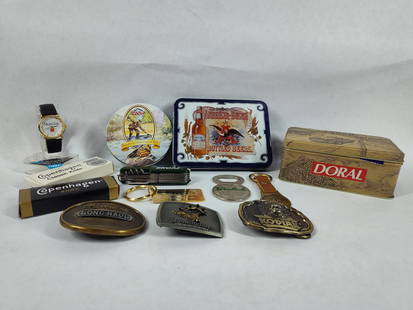 VINTAGE TOBACCO & BEER ADVERTISING LOT: Lot includes knives, matches, tins, buckles, fob, watch, Keychain and more