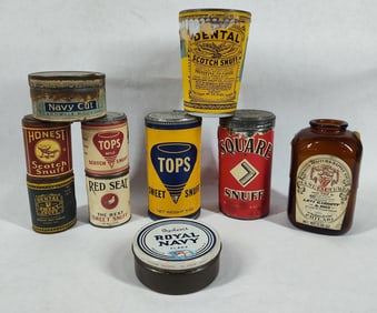 LOT OF EARLY SNUFF TINS AND BOTTLE