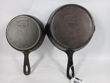 CAST IRON FAVORITE PIQUA WARE NO. 3 AND 5 SKILLETS