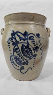 2 Gallon Stoneware Decorated Crock: Several hairline cracks. Cobalt blue design to front with 2G on back. 12 inches tall x 10