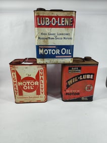 CONSUMERS, WIL-LUBE & LUBE-O-LINE 2 GAL MOTOR OIL CANS