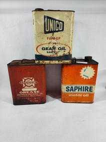 SAPHIRE, UNICO & CHAMPLIN 2 GAL MOTOR OIL AND GREASE CANS