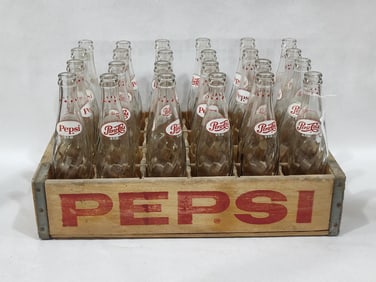 PEPSI COLA 10 OZ. SODA BOTTLES IN COMPARTED WOOD CARRIER