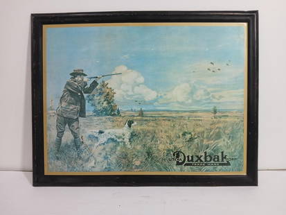 Duxbak Corp Hunting Tin Litho: Utica Duxbak. Image is showing some fading in the lower left hand corner. 17x13 with cardboard lined backer.