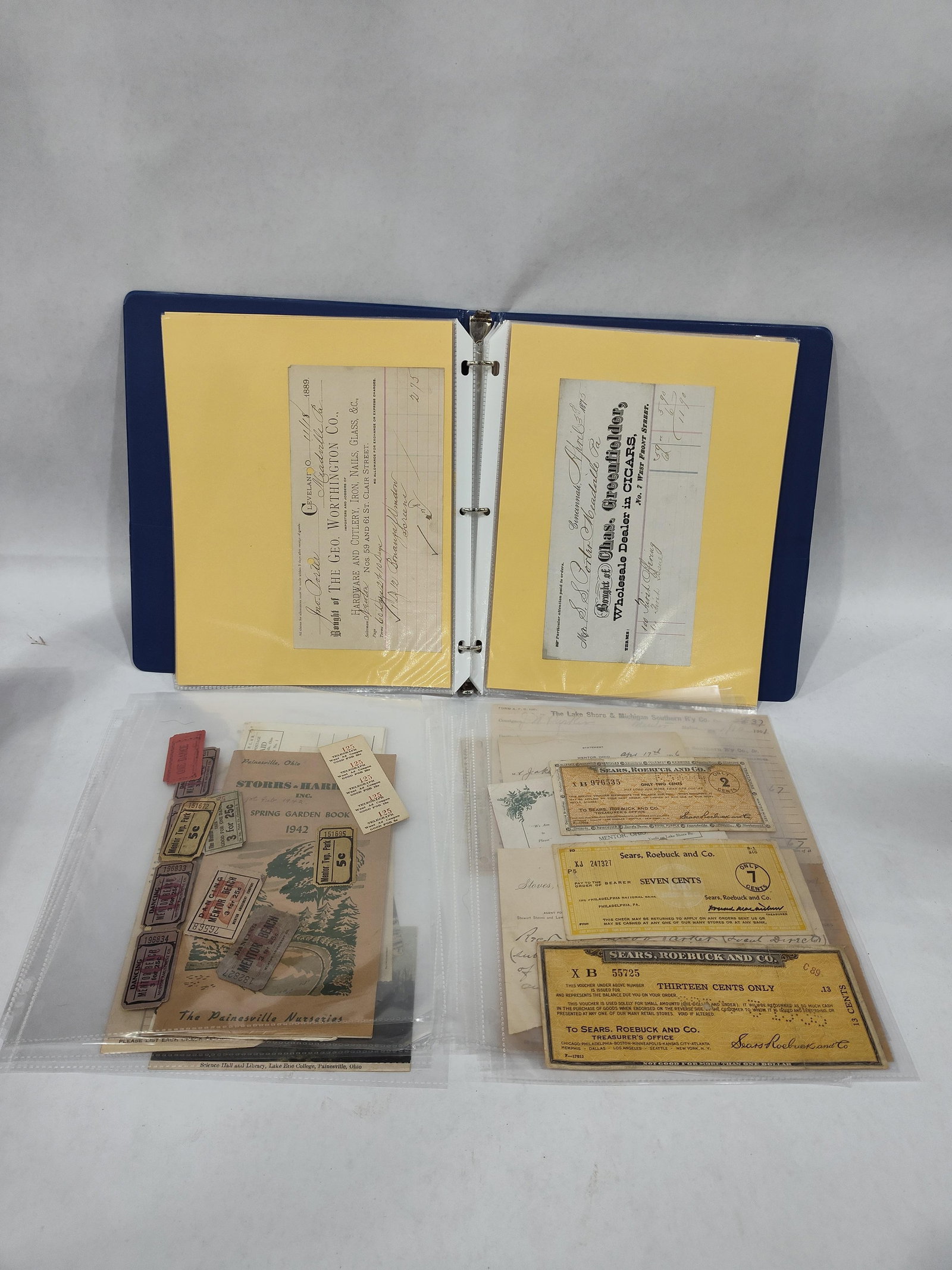 Railroad, Coal Mines, Sears & Roebuck and other Ephemera: New York Central lines, Lake shore & Michigan RR tickets, Sears vouchers, local Cleveland and Painesville Ohio documents and tickets.