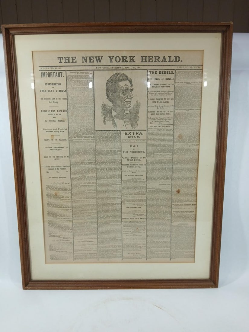 New York Herald 1865 Framed Death of Abe Lincoln Article: a fold to center of newspaper, but does not affect display. 26.5x21