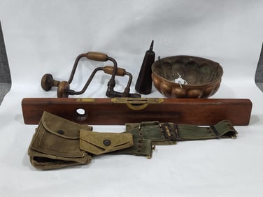 Stanley Level, Copper Hanging Pot, and Military Pouches