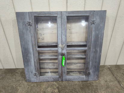 Primitive Wall Hanging Two Door Shelf: Grey crackle painted cabinet with several interior shelves. Cabinet is only 4 inches deep. Back wall has been stabilized with a board and the upper left hand corner has a small cut out- see photos. 38