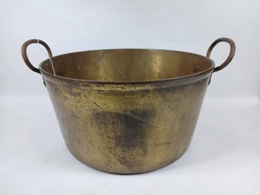 EARLY SOLID BRASS HANDLED CAULDRON
