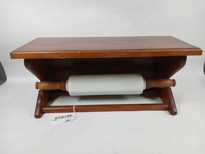 1920s Milk Glass Rolling Pin & Oak Holder: Shelf includes pin holder, towel holder and top shelf. 18.5 inches long. Pin shows some flea bite chips near handle.