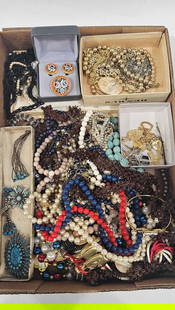 Turquoise, Beaded, and Vintage Jewelry: Early mosaic earrings and brooch set, chains, and much more