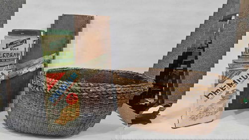Tins, Woven Basket, and Slicer