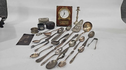 Tintype, 1985 Stock Exc. Award Clock, and Silver plated Utensils