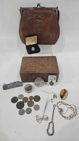 Gold Plated Ring, Native American Inspired Zippo, Garnets, Coins, an American Arts Leather Bag