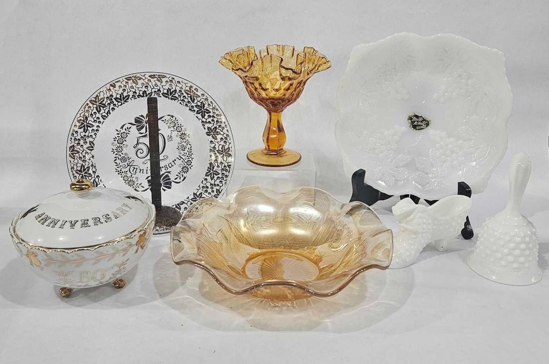 Amber Glass, Fenton, Milk Glass & 50th Ann Dishes: .