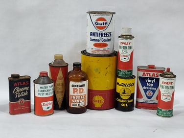 Gulf, Shell, Atlas, Sinclair, and other Fluid cans