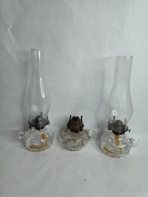 3 clear glass kerosene finger lamps