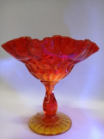 Hand made Fenton Amberina ruffled compote pedestal candy dish