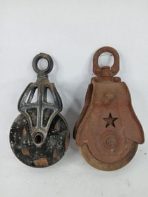 2 metal and wooden barn hay pulley