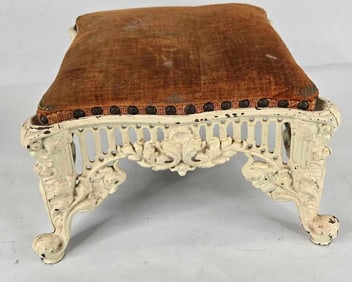 French country style paint cast iron stool with upholstered top