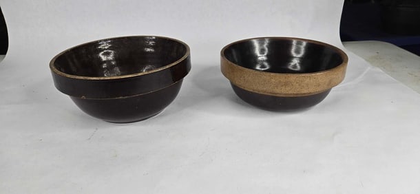 2 brown glazed stoneware bowls