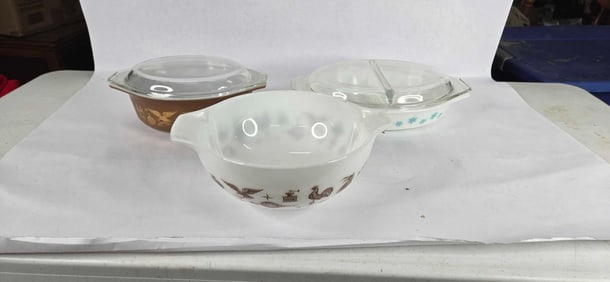 Early american,and blue snowflake Pyrex dishes