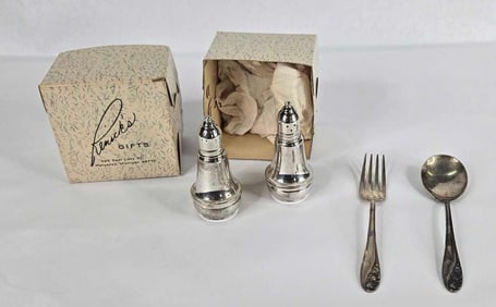 Sterling salt and pepper shaker set and sterling spoon and fork