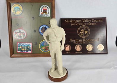 Boy Scout frame shirt Norman Rockwell commemorative plaque and Scoutmaster statue