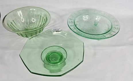 3 Uranium glass footed bowls