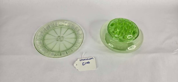 Uranium glass flower frog with base and plate