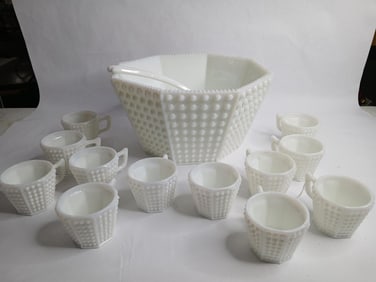 Fenton hobnail milk glass octagon punch bowl set with 12 cups and dipper