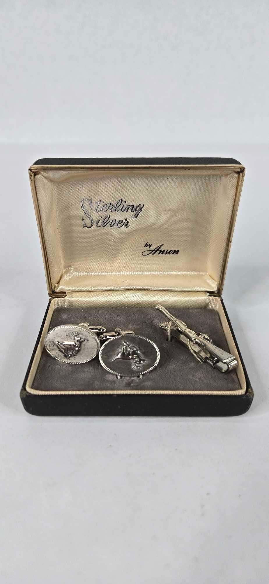 Anson sterling silver white tail deer cufflinks and rifle tie clip: .