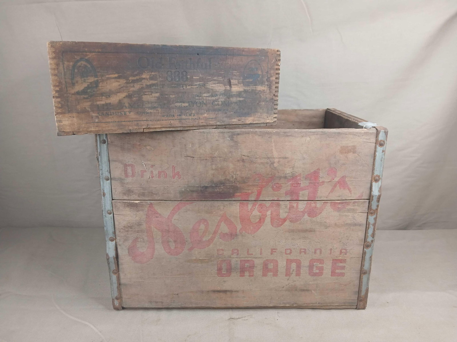 Nesbitt?s Orange Wooden Crate, Wooden Old Faithful Dovetailed Box: Great graphics 17x12x12, 12x12x4?