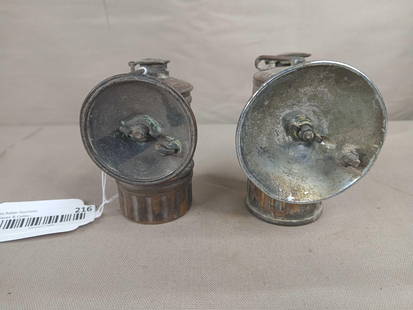 Two Brass Carbide Miners Lamps: Justrite model, Shanklin manufacturing company