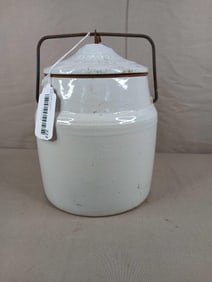 Farmhouse white stoneware canning crock with wire bail