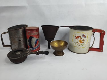 Flour sifters,nesco tin strainer funnel, rochester chafing dish warmer and more