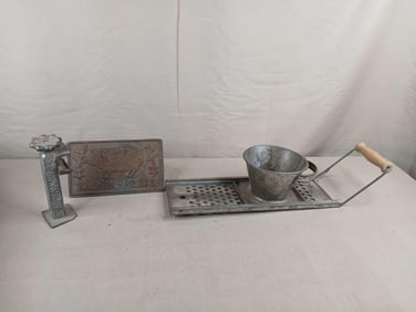 Cast iron bacon press ,vintage grater ,and speedo jar opener