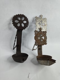 Antique Betty lamp and 1 partial betty lamp