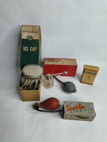 Mid century atomizers ,B.F Goodrich Ice Cap and 1930th band aid tin