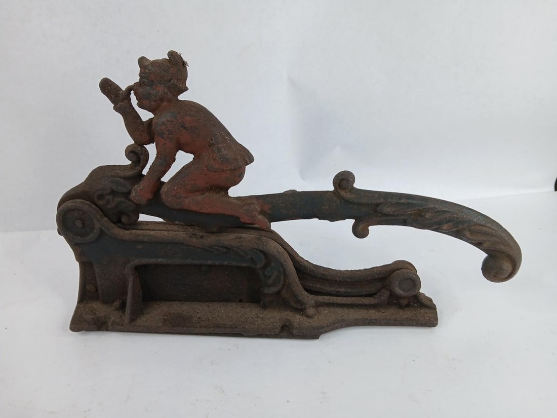 Antique cast iron man on handle tobacco cutter: appears to be repaired on bottom a unique unmarked tobacco cutter