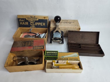 craftsman hand hair clipper,murry-black no 22 trimmer,bates numbering machine,linoleum cutter and