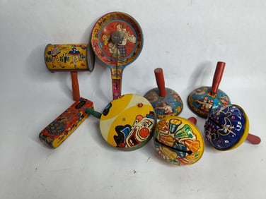 Mid century noise making tin toys
