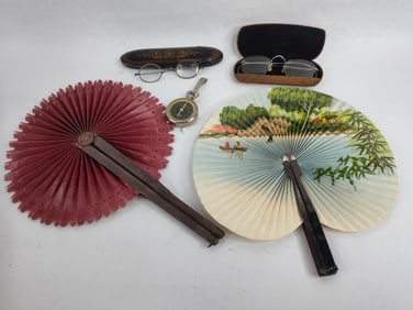 Antique wire rimmed glasses,folding hand fans and pedometer