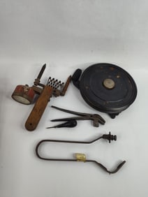 Mid century Rolatape walking measuring wheel ,hoty battery cell tester and more