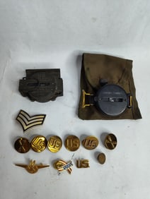 2 U.S. military compasses, badges and pins