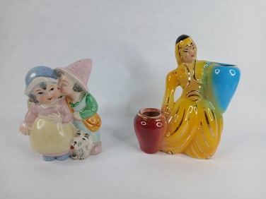 Boy kissing girl and arabic woman with jugs ceramic planters