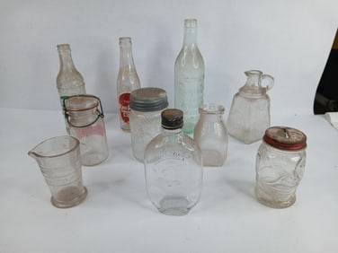 Glass soda bottles ,milk bottles ,glass jars and lucky joe coin bank jar