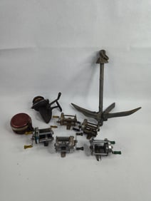 7 vintage fishing reels and norway folding 3.4# boat anchor
