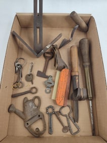 Antique tools,cast iron bottle opener ,keys and more