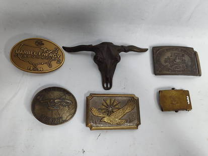 6 brass belt buckles: includes a henry ford,star trek,longhorn skull and more